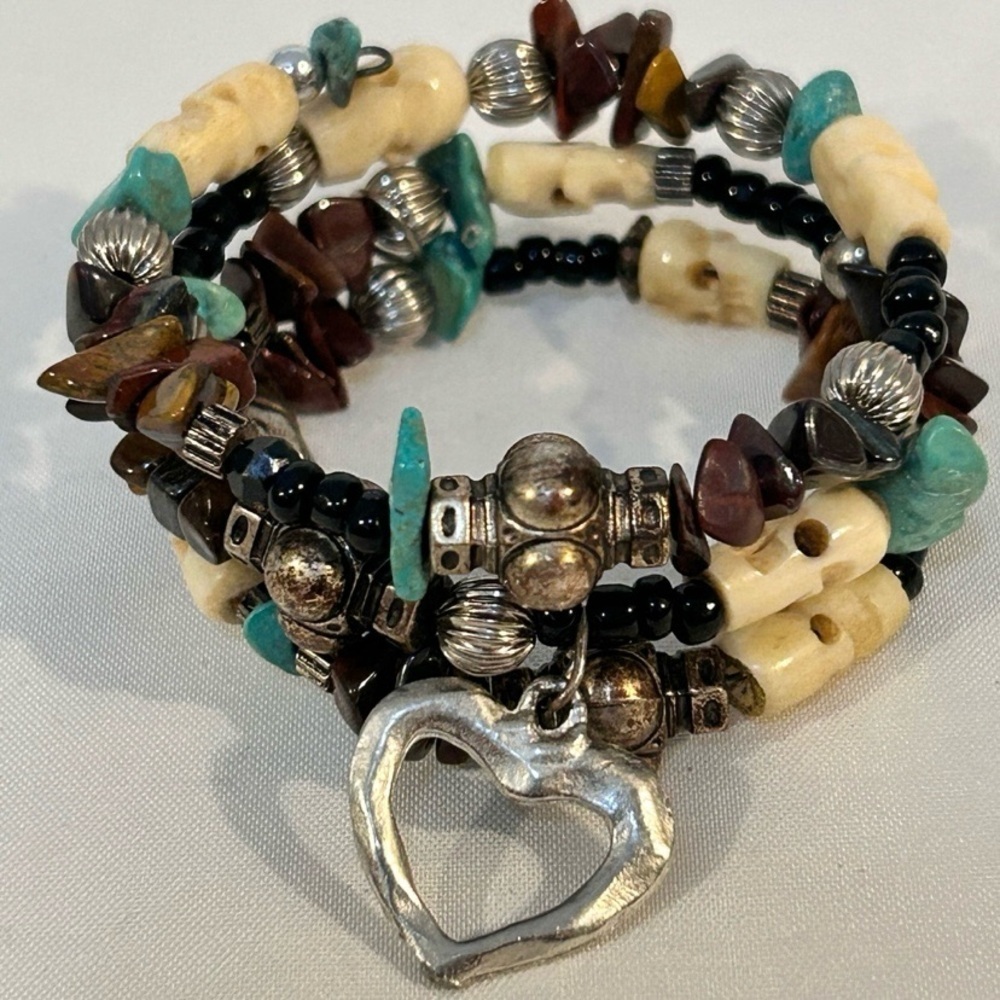 Vintage Silver Tone Heart Charm Multicolor‎ Beaded Wrap Bracelet